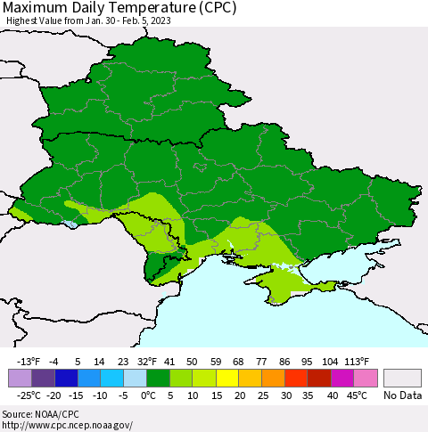 Ukraine, Moldova and Belarus Maximum Daily Temperature (CPC) Thematic Map For 1/30/2023 - 2/5/2023