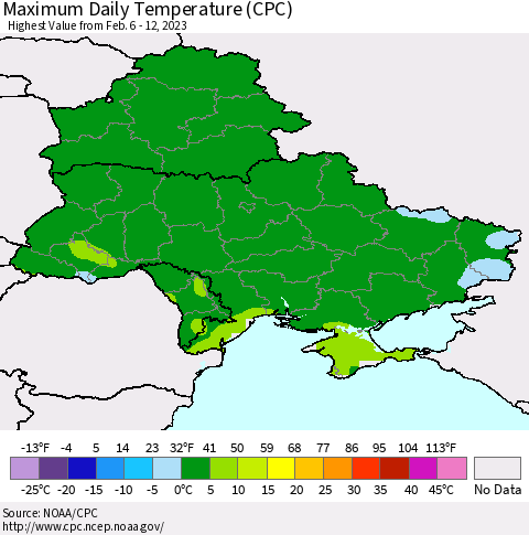 Ukraine, Moldova and Belarus Maximum Daily Temperature (CPC) Thematic Map For 2/6/2023 - 2/12/2023