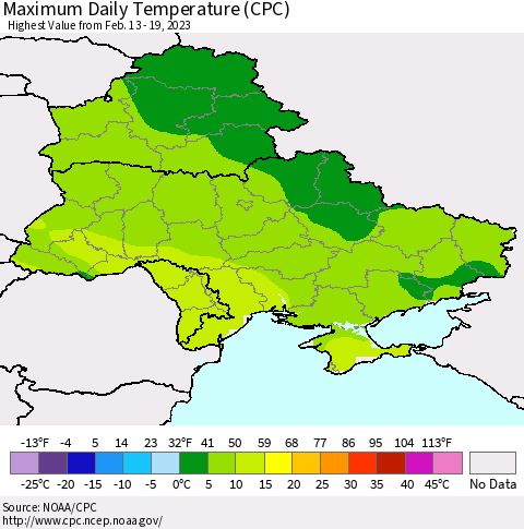 Ukraine, Moldova and Belarus Maximum Daily Temperature (CPC) Thematic Map For 2/13/2023 - 2/19/2023
