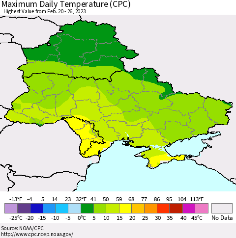 Ukraine, Moldova and Belarus Maximum Daily Temperature (CPC) Thematic Map For 2/20/2023 - 2/26/2023