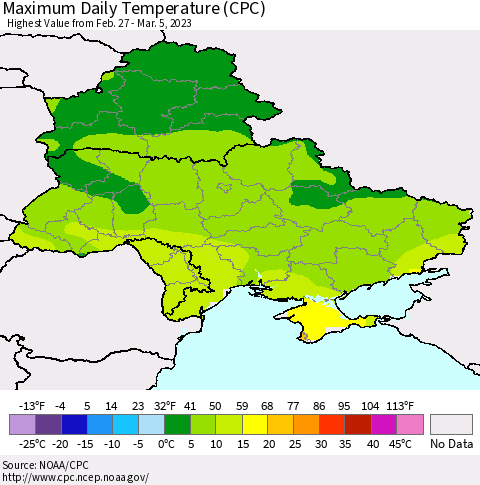 Ukraine, Moldova and Belarus Maximum Daily Temperature (CPC) Thematic Map For 2/27/2023 - 3/5/2023