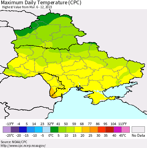 Ukraine, Moldova and Belarus Maximum Daily Temperature (CPC) Thematic Map For 3/6/2023 - 3/12/2023