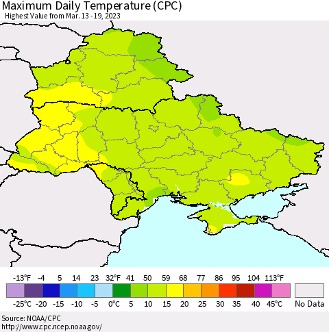 Ukraine, Moldova and Belarus Maximum Daily Temperature (CPC) Thematic Map For 3/13/2023 - 3/19/2023