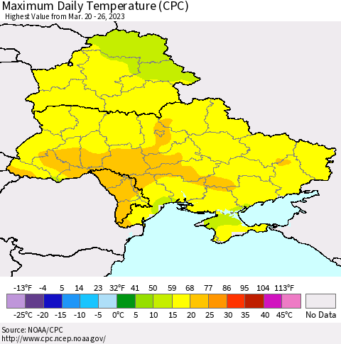 Ukraine, Moldova and Belarus Maximum Daily Temperature (CPC) Thematic Map For 3/20/2023 - 3/26/2023