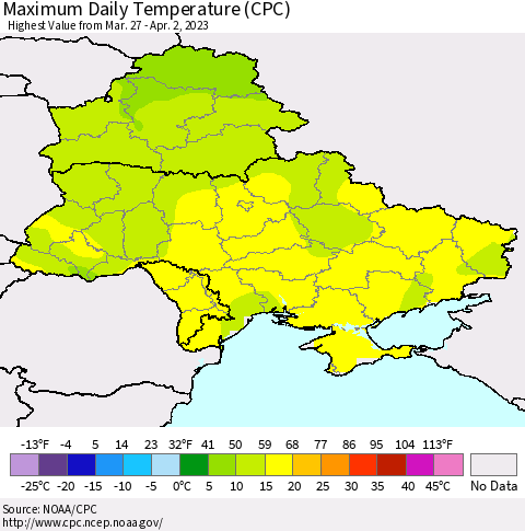 Ukraine, Moldova and Belarus Maximum Daily Temperature (CPC) Thematic Map For 3/27/2023 - 4/2/2023