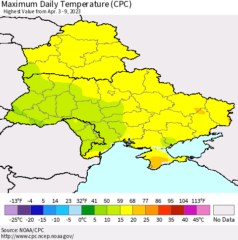 Ukraine, Moldova and Belarus Maximum Daily Temperature (CPC) Thematic Map For 4/3/2023 - 4/9/2023