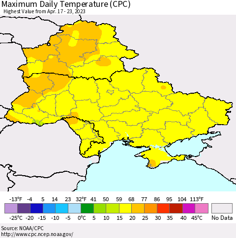 Ukraine, Moldova and Belarus Maximum Daily Temperature (CPC) Thematic Map For 4/17/2023 - 4/23/2023