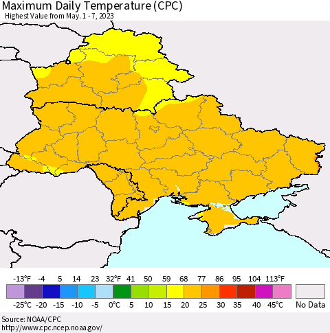 Ukraine, Moldova and Belarus Maximum Daily Temperature (CPC) Thematic Map For 5/1/2023 - 5/7/2023