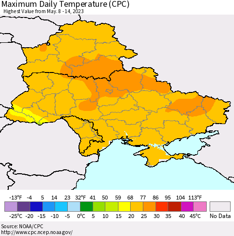 Ukraine, Moldova and Belarus Maximum Daily Temperature (CPC) Thematic Map For 5/8/2023 - 5/14/2023