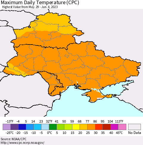 Ukraine, Moldova and Belarus Maximum Daily Temperature (CPC) Thematic Map For 5/29/2023 - 6/4/2023