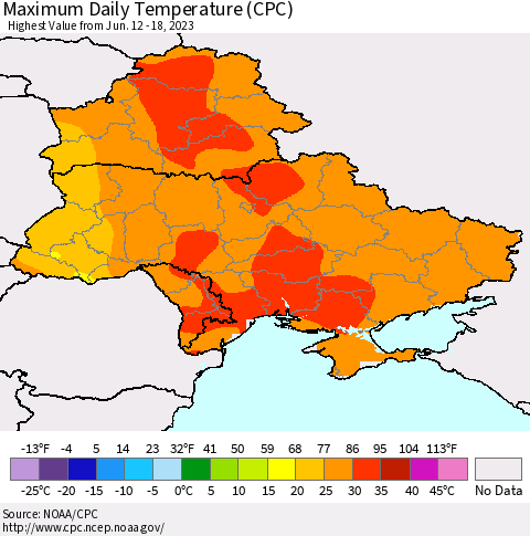 Ukraine, Moldova and Belarus Maximum Daily Temperature (CPC) Thematic Map For 6/12/2023 - 6/18/2023