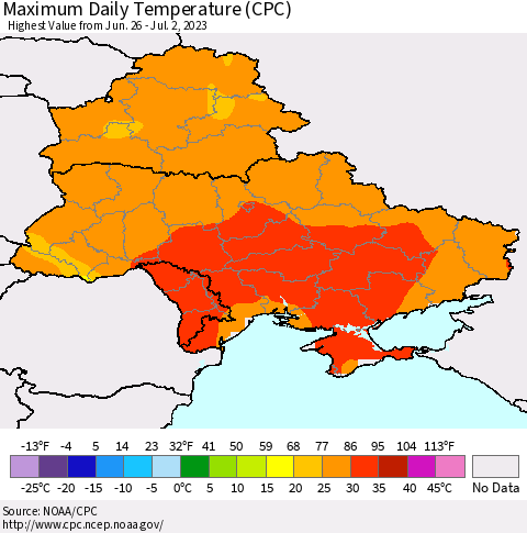 Ukraine, Moldova and Belarus Maximum Daily Temperature (CPC) Thematic Map For 6/26/2023 - 7/2/2023