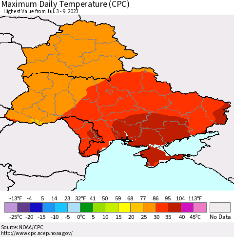 Ukraine, Moldova and Belarus Maximum Daily Temperature (CPC) Thematic Map For 7/3/2023 - 7/9/2023