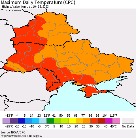 Ukraine, Moldova and Belarus Maximum Daily Temperature (CPC) Thematic Map For 7/10/2023 - 7/16/2023