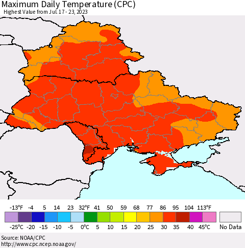 Ukraine, Moldova and Belarus Maximum Daily Temperature (CPC) Thematic Map For 7/17/2023 - 7/23/2023