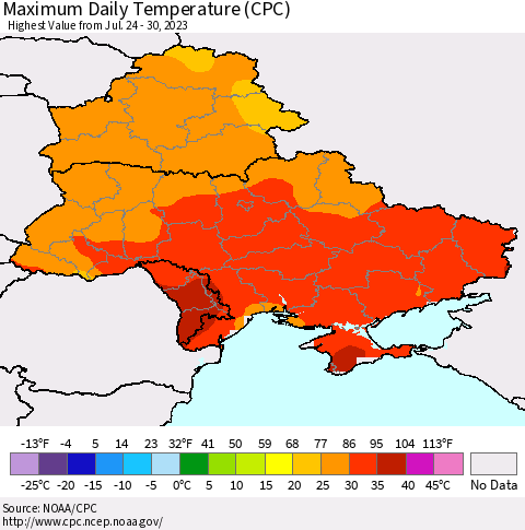 Ukraine, Moldova and Belarus Maximum Daily Temperature (CPC) Thematic Map For 7/24/2023 - 7/30/2023
