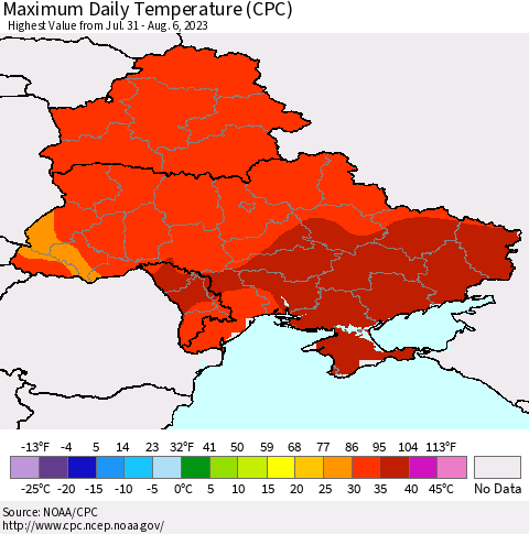 Ukraine, Moldova and Belarus Maximum Daily Temperature (CPC) Thematic Map For 7/31/2023 - 8/6/2023