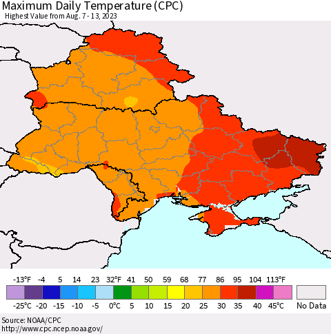Ukraine, Moldova and Belarus Maximum Daily Temperature (CPC) Thematic Map For 8/7/2023 - 8/13/2023
