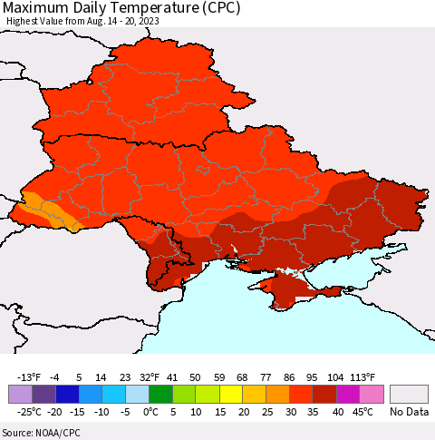 Ukraine, Moldova and Belarus Maximum Daily Temperature (CPC) Thematic Map For 8/14/2023 - 8/20/2023