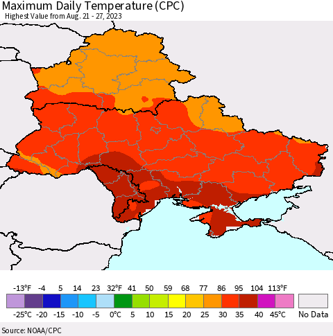 Ukraine, Moldova and Belarus Maximum Daily Temperature (CPC) Thematic Map For 8/21/2023 - 8/27/2023