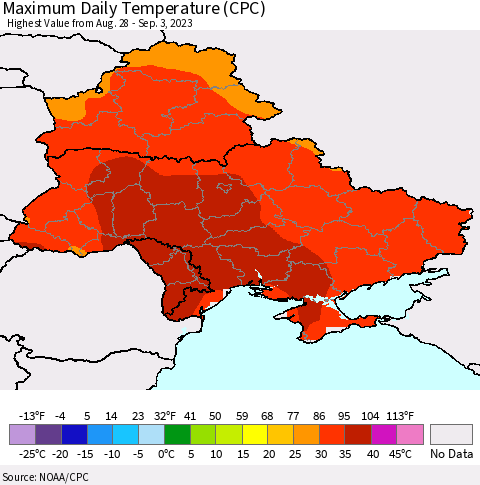 Ukraine, Moldova and Belarus Maximum Daily Temperature (CPC) Thematic Map For 8/28/2023 - 9/3/2023