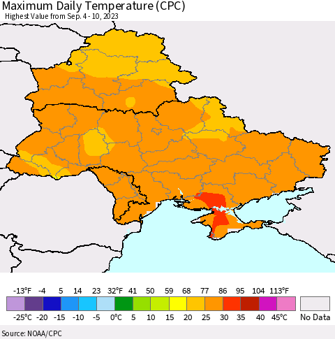 Ukraine, Moldova and Belarus Maximum Daily Temperature (CPC) Thematic Map For 9/4/2023 - 9/10/2023
