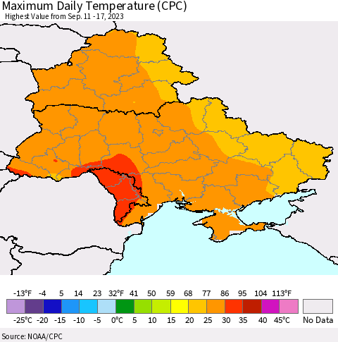 Ukraine, Moldova and Belarus Maximum Daily Temperature (CPC) Thematic Map For 9/11/2023 - 9/17/2023