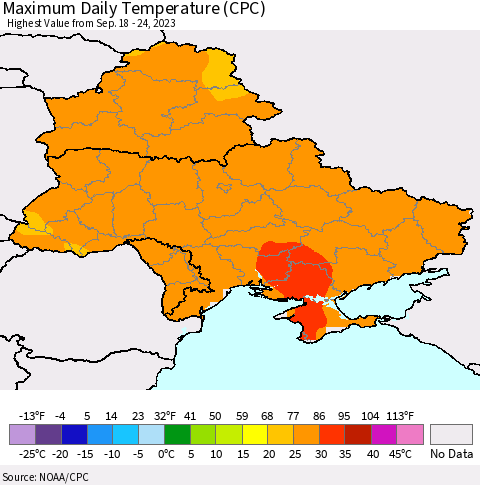 Ukraine, Moldova and Belarus Maximum Daily Temperature (CPC) Thematic Map For 9/18/2023 - 9/24/2023
