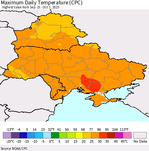 Ukraine, Moldova and Belarus Maximum Daily Temperature (CPC) Thematic Map For 9/25/2023 - 10/1/2023