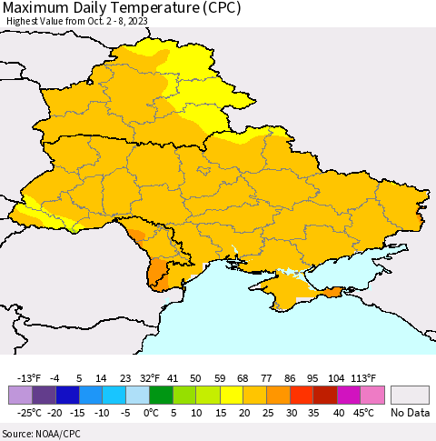 Ukraine, Moldova and Belarus Maximum Daily Temperature (CPC) Thematic Map For 10/2/2023 - 10/8/2023