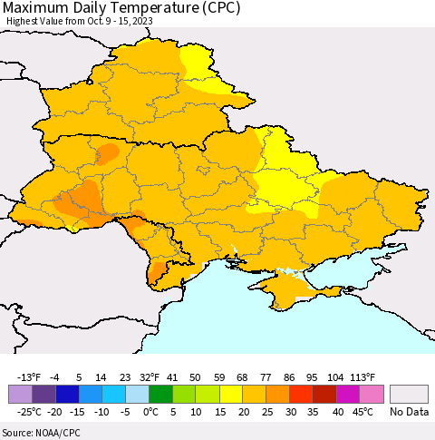 Ukraine, Moldova and Belarus Maximum Daily Temperature (CPC) Thematic Map For 10/9/2023 - 10/15/2023