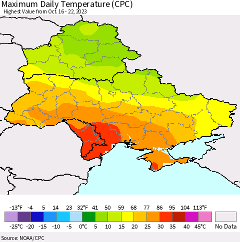Ukraine, Moldova and Belarus Maximum Daily Temperature (CPC) Thematic Map For 10/16/2023 - 10/22/2023