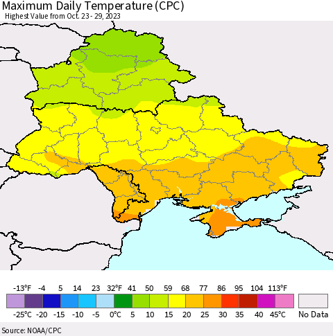 Ukraine, Moldova and Belarus Maximum Daily Temperature (CPC) Thematic Map For 10/23/2023 - 10/29/2023