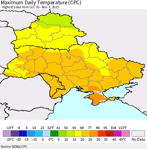 Ukraine, Moldova and Belarus Maximum Daily Temperature (CPC) Thematic Map For 10/30/2023 - 11/5/2023