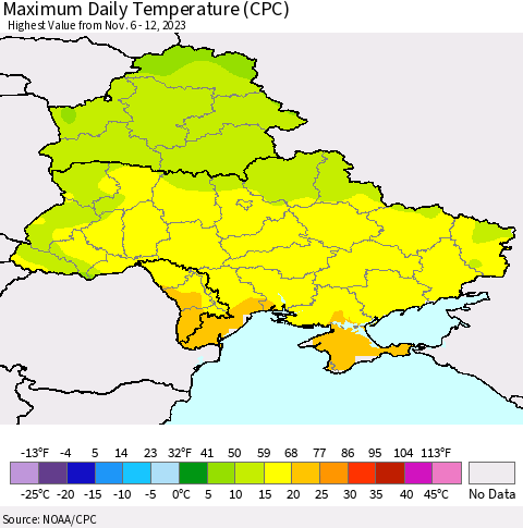 Ukraine, Moldova and Belarus Maximum Daily Temperature (CPC) Thematic Map For 11/6/2023 - 11/12/2023