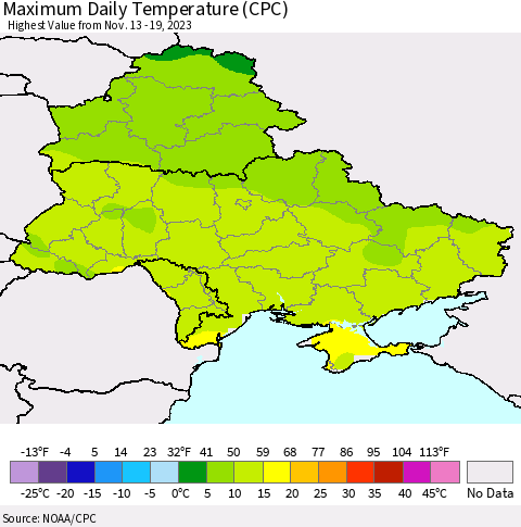 Ukraine, Moldova and Belarus Maximum Daily Temperature (CPC) Thematic Map For 11/13/2023 - 11/19/2023