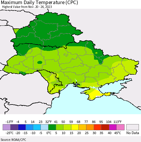 Ukraine, Moldova and Belarus Maximum Daily Temperature (CPC) Thematic Map For 11/20/2023 - 11/26/2023