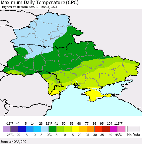 Ukraine, Moldova and Belarus Maximum Daily Temperature (CPC) Thematic Map For 11/27/2023 - 12/3/2023