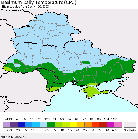 Ukraine, Moldova and Belarus Maximum Daily Temperature (CPC) Thematic Map For 12/4/2023 - 12/10/2023