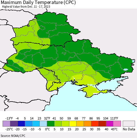 Ukraine, Moldova and Belarus Maximum Daily Temperature (CPC) Thematic Map For 12/11/2023 - 12/17/2023