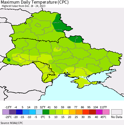 Ukraine, Moldova and Belarus Maximum Daily Temperature (CPC) Thematic Map For 12/18/2023 - 12/24/2023