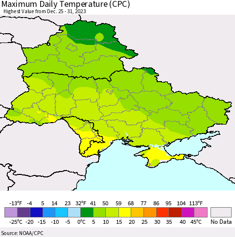 Ukraine, Moldova and Belarus Maximum Daily Temperature (CPC) Thematic Map For 12/25/2023 - 12/31/2023