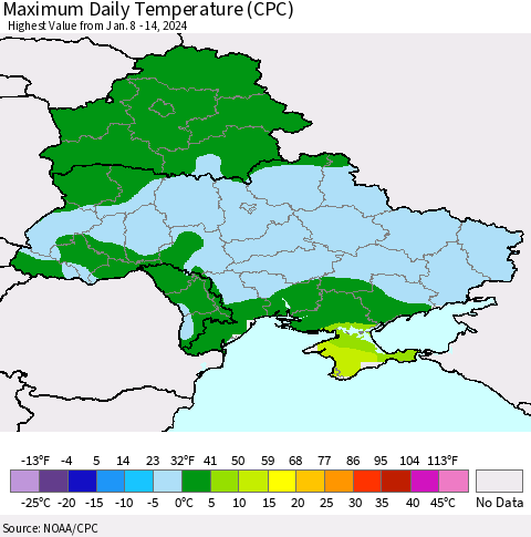 Ukraine, Moldova and Belarus Maximum Daily Temperature (CPC) Thematic Map For 1/8/2024 - 1/14/2024