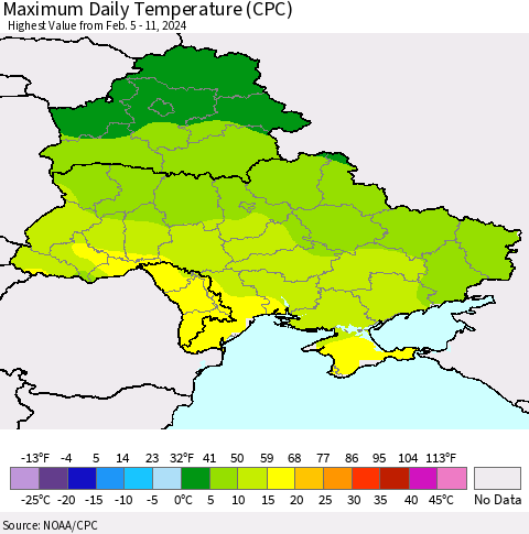 Ukraine, Moldova and Belarus Maximum Daily Temperature (CPC) Thematic Map For 2/5/2024 - 2/11/2024