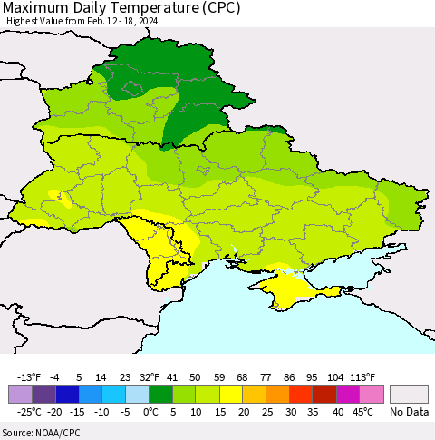 Ukraine, Moldova and Belarus Maximum Daily Temperature (CPC) Thematic Map For 2/12/2024 - 2/18/2024