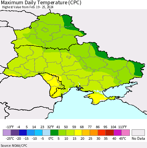 Ukraine, Moldova and Belarus Maximum Daily Temperature (CPC) Thematic Map For 2/19/2024 - 2/25/2024