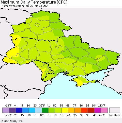 Ukraine, Moldova and Belarus Maximum Daily Temperature (CPC) Thematic Map For 2/26/2024 - 3/3/2024