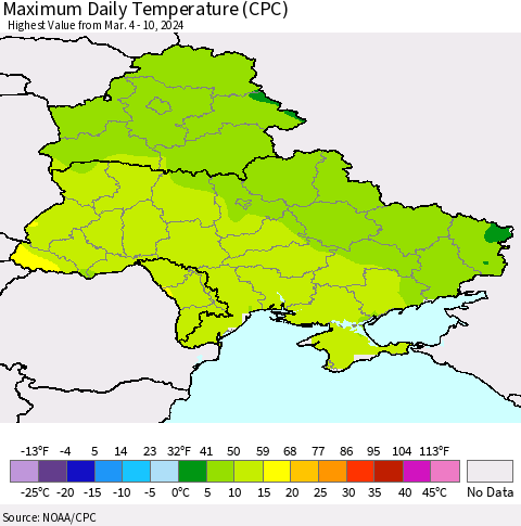 Ukraine, Moldova and Belarus Maximum Daily Temperature (CPC) Thematic Map For 3/4/2024 - 3/10/2024
