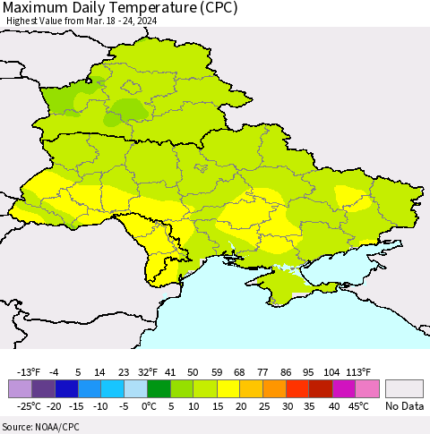 Ukraine, Moldova and Belarus Maximum Daily Temperature (CPC) Thematic Map For 3/18/2024 - 3/24/2024