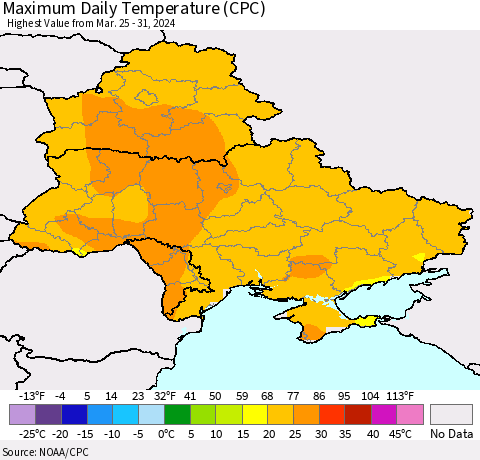 Ukraine, Moldova and Belarus Maximum Daily Temperature (CPC) Thematic Map For 3/25/2024 - 3/31/2024